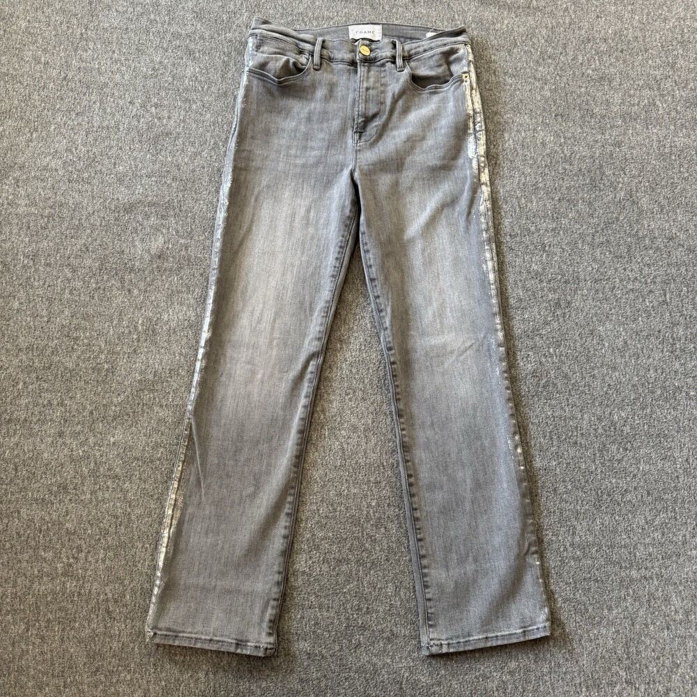 Frame Le High Straight Field Foil Tux Gray Womens Ankle Jeans Sz 27 Cotton Blend